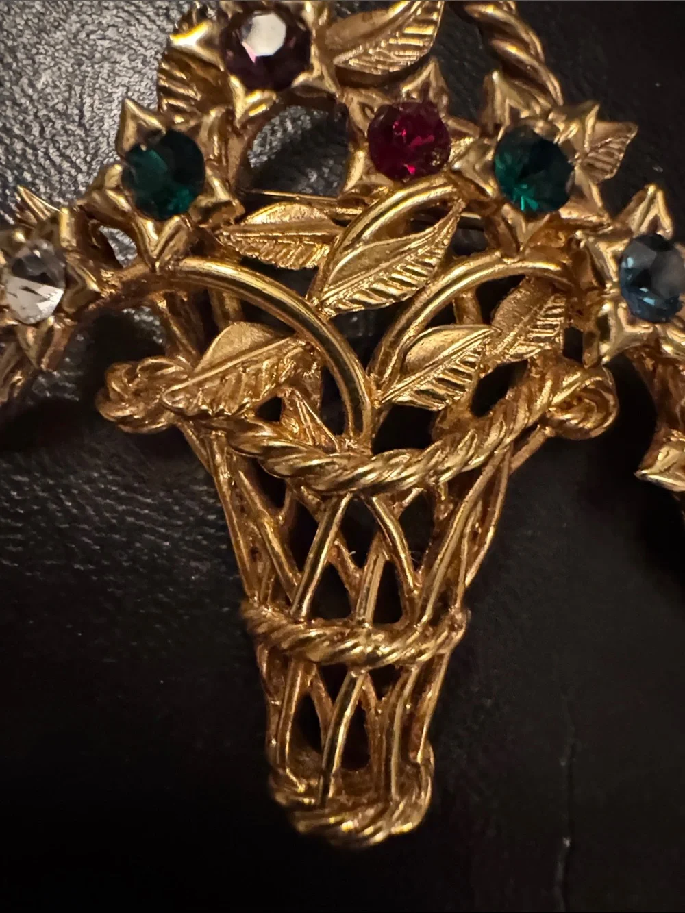 Vintage Joan Rivers Gold-Tone Basket Floral Brooch with Multicolor Stones